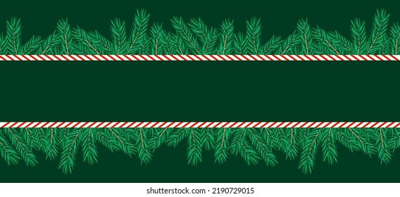 Border made of Christmas tree branches and candy cane. Horizontal, empty banner. Vector illustration.