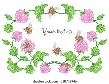 Border made of clover leaves, flowers and bumblebees, blank floral frame isolated on white background