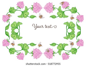 Border made of clover leaves, flowers and bumblebees, blank floral frame isolated on white background