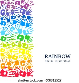 Border made of colored hands. Rainbow background. Abstract vector illustration