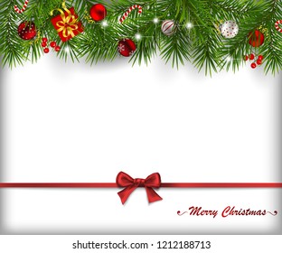 Border made of fir branches decorated with baubles  and gifts on white background. Christmas background with space for text.