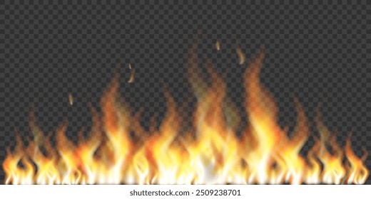 Border made of fire. Realistic fire flames with horizontal repetition. Flame fire on dark background. 