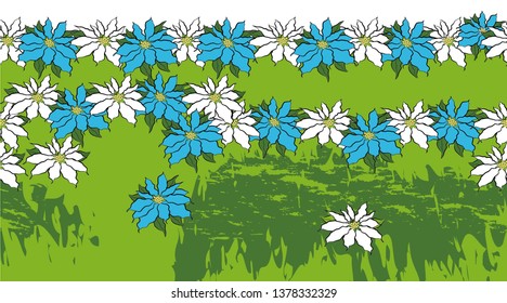 A border made of flowers and irregular brush strokes. 6 spot colors: white, yellow, azure, light green, green, black.