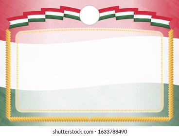 Border made with Hungary national flag. Brush stroke frame. Template elements for your certificate and diploma. Horizontal orientation.