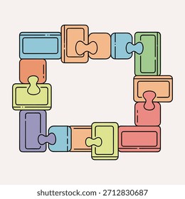 Uma borda feita de peças de quebra-cabeça coloridas pastel entrelaçadas em um plano de fundo claro.