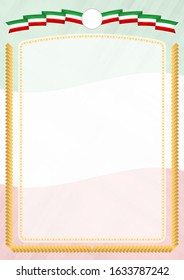 Border made with Iran national flag. Brush stroke frame. Template elements for your certificate and diploma. Vertical orientation.