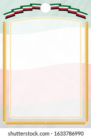 Border made with Kuwait national flag. Brush stroke frame. Template elements for your certificate and diploma. Vertical orientation.