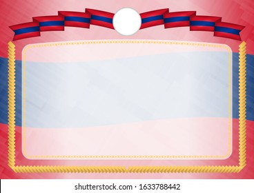 Border made with Laos national flag. Brush stroke frame. Template elements for your certificate and diploma. Horizontal orientation.