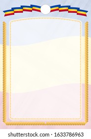 Border made with Moldova national flag. Brush stroke frame. Template elements for your certificate and diploma. Vertical orientation.