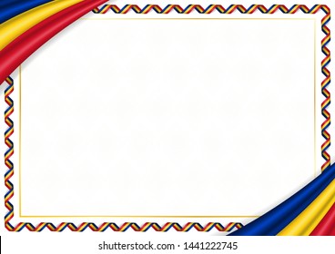 Border made with Romania national colors. Template elements for your certificate and diploma. Horizontal orientation. Vector