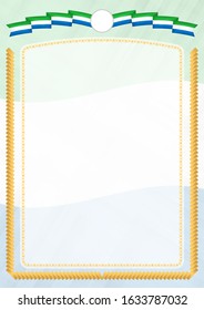Border made with Sierra Leone national flag. Brush stroke frame. Template elements for your certificate and diploma. Vertical orientation.