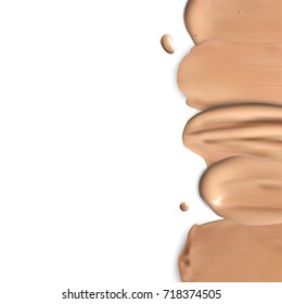 Border of makeup liquid foundation. Cosmetic concealer smear strokes isolated on white background.