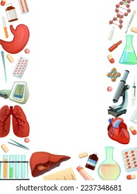 Border Medicine and treatment along edge of image. Subjects of study. Equipment and human internal organs for treatment. Isolated on white background. Vector.