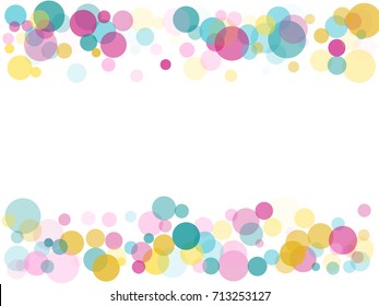 Border Of Memphis Round Confetti In Cyan Blue, Pink And Yellow On White. Childish Frame Background Vector, Children's Party Birthday Celebration Card. Holiday Confetti Circles In Memphis Style. 