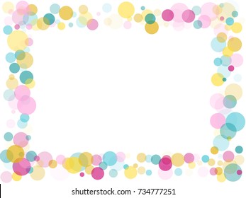 Border Of Memphis Round Confetti In Cyan Blue, Pink And Yellow On White. Childish Frame Background Vector, Children's Party Birthday Celebration Card. Holiday Confetti Circles In Memphis Style. 