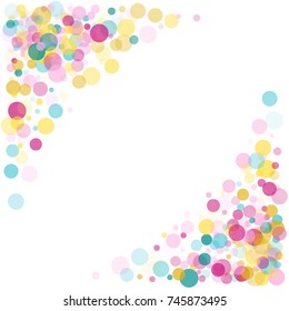 Border of memphis round confetti in cyan blue, pink and yellow on white. Childish frame background vector, children's party birthday celebration card. Holiday confetti circles in memphis style. 