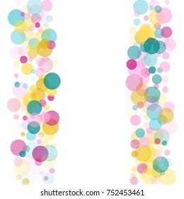 Border of memphis round confetti in cyan blue, pink and yellow on white. Childish frame background vector, children's party birthday celebration card. Holiday confetti circles in memphis style. 