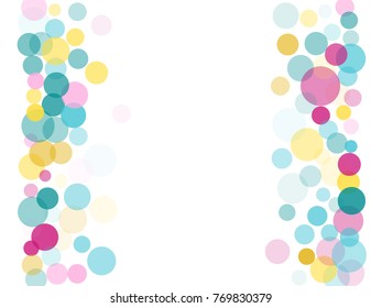 Border of memphis round confetti in cyan blue, pink and yellow on white. Childish frame background vector, children's party birthday celebration card. Holiday confetti circles in memphis style.