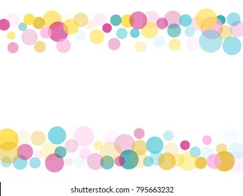 Border of memphis round confetti in cyan blue, pink and yellow on white. Childish frame background vector, children's party birthday celebration card. Holiday confetti circles in memphis style.