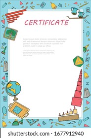 Border with montessori materials for photo, certificate, banner, acknowledgment, announcement. Vertical frame with school,  kindergarden, preschool, 3-6 eyars children. Frame vector template 