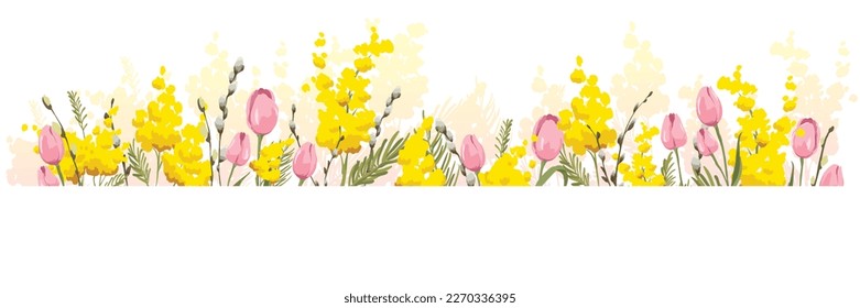 Border for Mothers Day or International women's day. Vector illustration, banner. Pink tulips and blooming mimosa.	