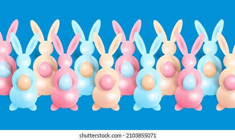Border of multi-colored hares with Easter eggs in their paws. Easter design