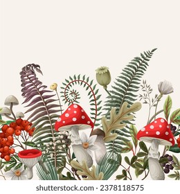 Border with mushrooms, fern and berries. Vector