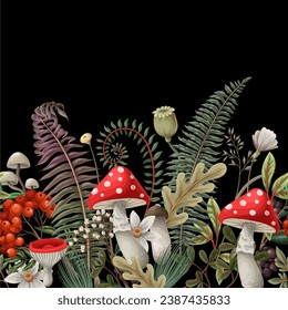 Border with mushrooms, fern and berries. Vector