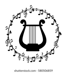 border musical notes with harp instrument musical