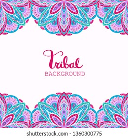 Border with mystic ethnic Indian patterns. Background with tribal ornament. Card, invitation or poster template. Copy space. Vector illustration.