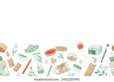 Border with natural wood bottles, jars and paper tubes for eco friendly living. Colorful vector illustration organic vegan cosmetics for make with empty white space. Zero waste lifestyle concept