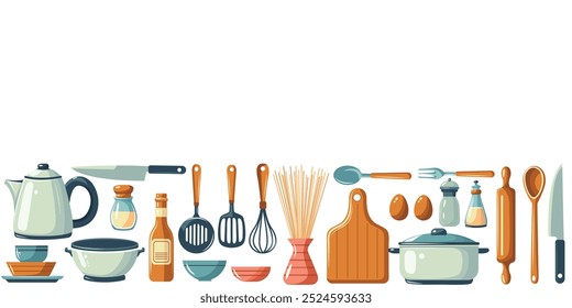 Borde en el tema de los utensilios de cocina. Tetera, cacerola, cucharas, tenedores y otros. Ilustración vectorial sobre fondo blanco.