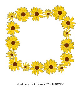 Border of open heliopsis blossom vector color illustration isolated on white background. Vector sketch style top view hand drawing of wild, heliopsis, false sunflower.