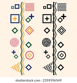 Border, ornament of Simple Modern geometric abstract shapes in minimal style. Brutalism basic forms, lines, eye, circles and patterns, art vector set
