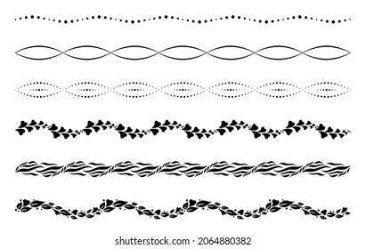 Border ornaments. Page decors. Set of decorative dividers. Patterned stripes of leaves, hearts and dots. Design elements for invitations and holiday cards.