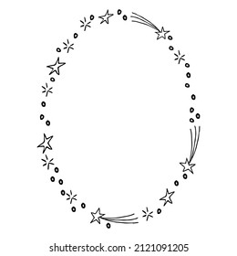 Border oval frame in simple style with stars, lines, circles isolated on white background. Doodle cute decoration.