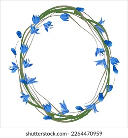 Borde, marco ovalado de las primeras flores azules primaverales de estilo retro, para inscripciones, telas, folletos, bodas, vacaciones