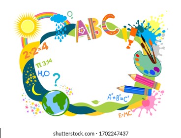 Border with a palette, paints, brushes, a globe and other school objects. Education background design. School supplies - colorful frame. Back to school frame. Back to school template. Space for text.