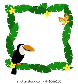 Border with palm leaves and cute cartoon smiling toucan  isolated on white background. Art vector illustration.