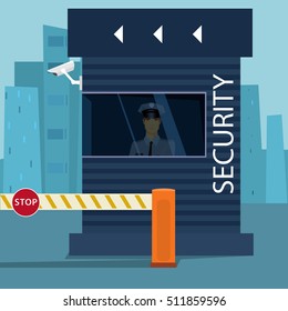 Border Passport Control or Security Checkpoint with a Boom Barrier Gate. Traffic police man sitting in sentry box with video surveillance. Cartoon flat style. Vector illustration