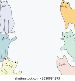 Border of pastel cartoon cats in playful poses, minimal style, cute animal frame, white background