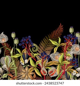 Border pattern with autumn leaves, berries and seeds. Vector