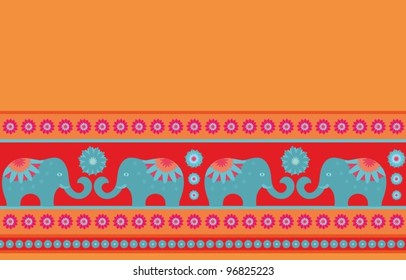 Border pattern with blue indian elephants on red - orange ornamental background