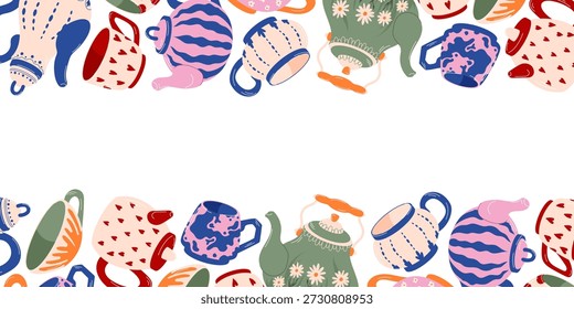 Patrón de borde con tetera colorida, taza y taza en estilo plano. Ilustración decorativa formando un marco de té sobre fondo blanco para decoración de cocina, textil, embalaje y papelería.