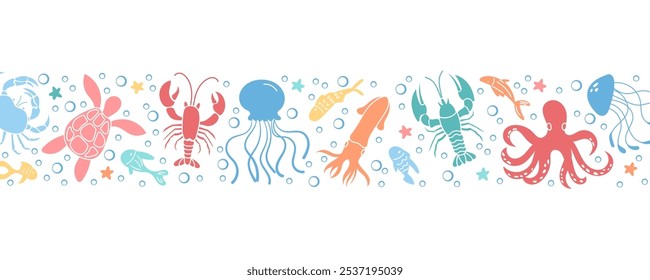 Border pattern design with colorful underwater creatures illustrating marine life. Ocean scene background features diverse reef animals and vibrant sea life, teeming with bubbles and colors.