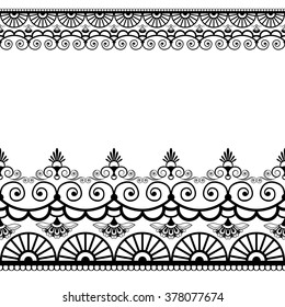 Border pattern elements with flowers and lace lines in Indian mehndi style isolated on white background. Vector illustration