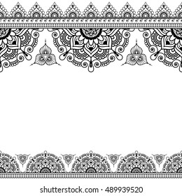 Border pattern elements with flowers and lace lines in Indian mehndi style for cards or tattoo isolated on black background. Vector illustration