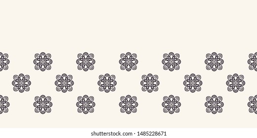Border pattern hand drawn ornamental flower background. Floral mosaic monochrome stripe. Vector ribbon edging trim
