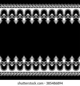 Border pattern Indian elements with flowers and lace lines in mehndi style for card and tattoo isolated on black background.  Vector illustration