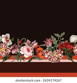Border pattern with oil painting rococo still-lifes flowers. Vector